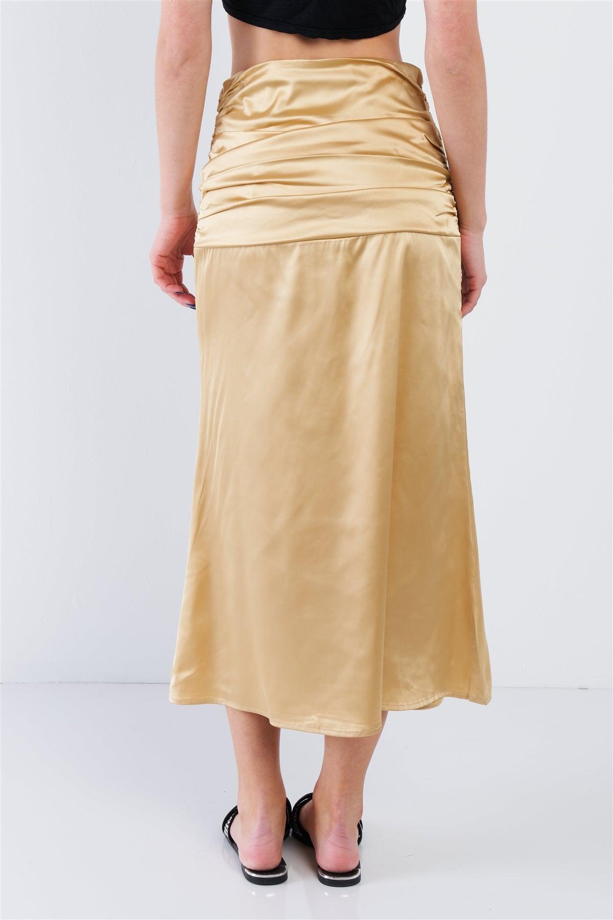 Golden Yellow Satin Ruffle Waist Midi Skirt /3-2-1