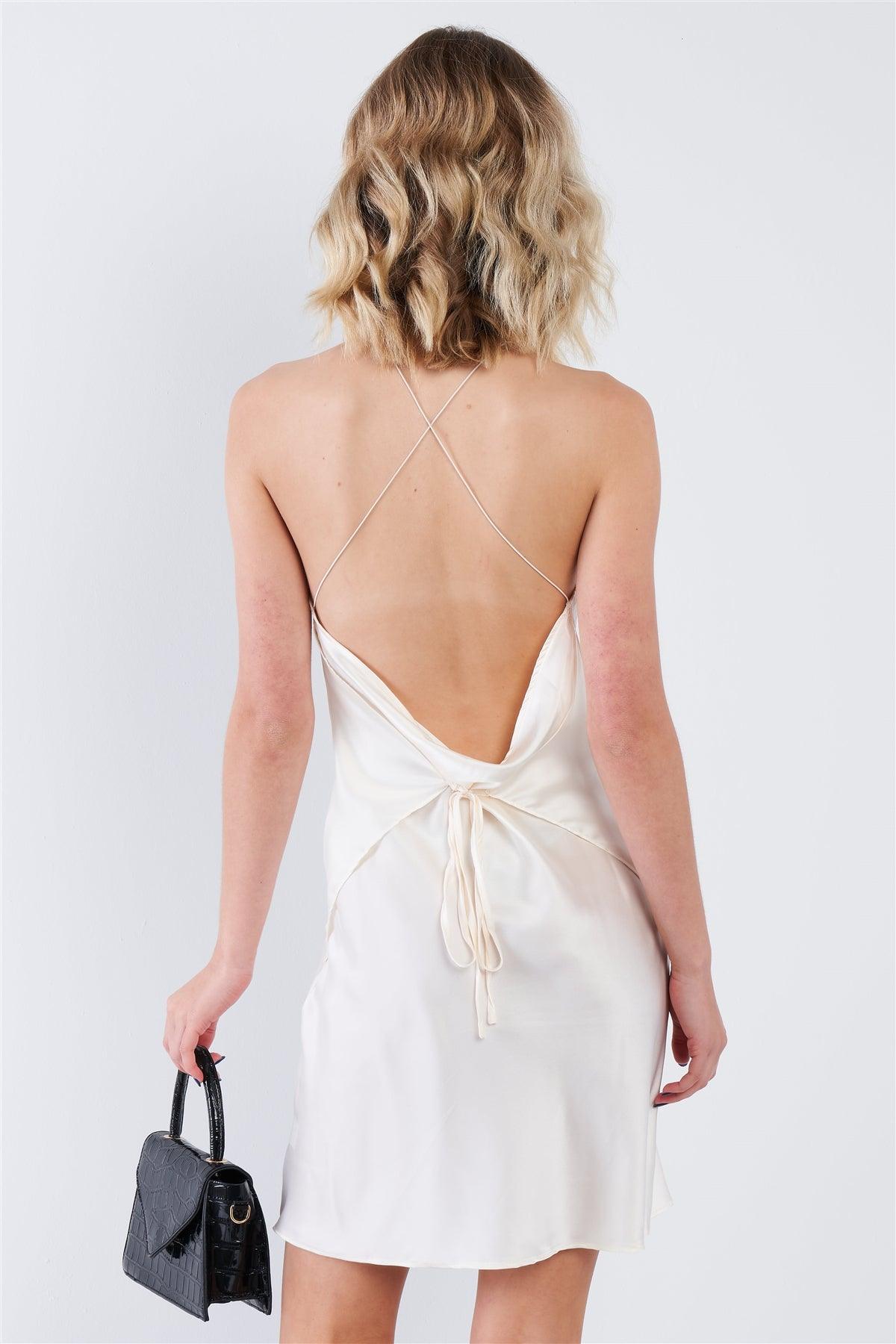 Silk Pearl White Semi-Sheer Halter Neck Open Back Classic Mini Dress  /3-2-1