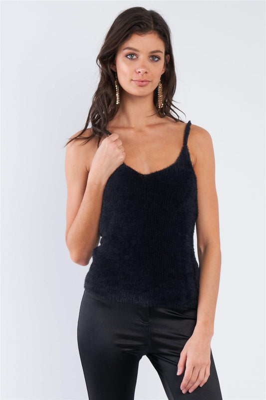 Black Hairy Ribbed V-Neck Spaghetti Strap Tank Top /3-2-1