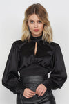 Silk Black Open Back Crop Turtleneck Blouse /3-2-1