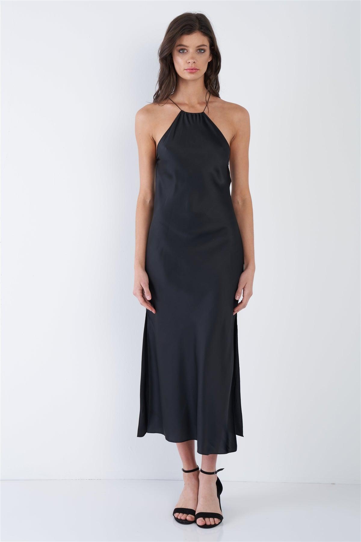 Black Silk Halter Side Slit Criss-Cross Open Back Midi Dress /2-2-1