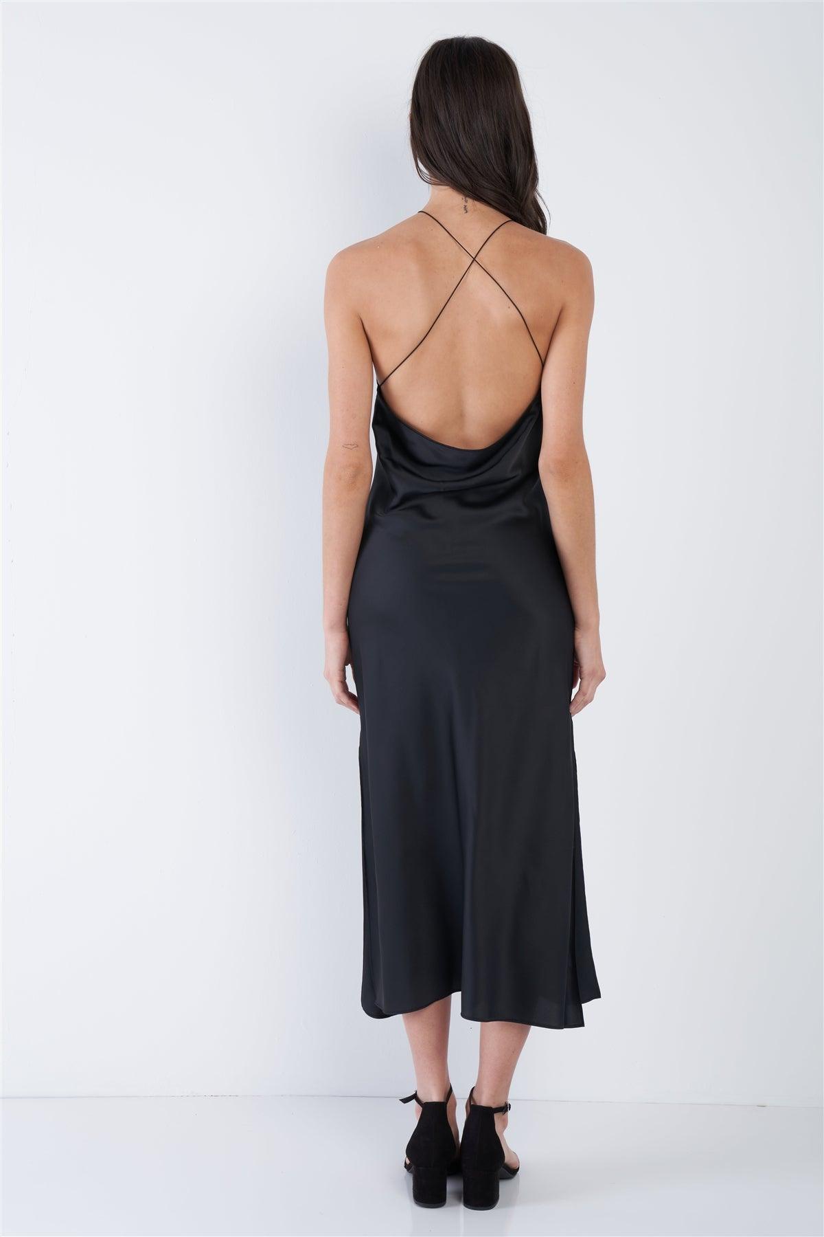 Black Silk Halter Side Slit Criss-Cross Open Back Midi Dress /2-2-1