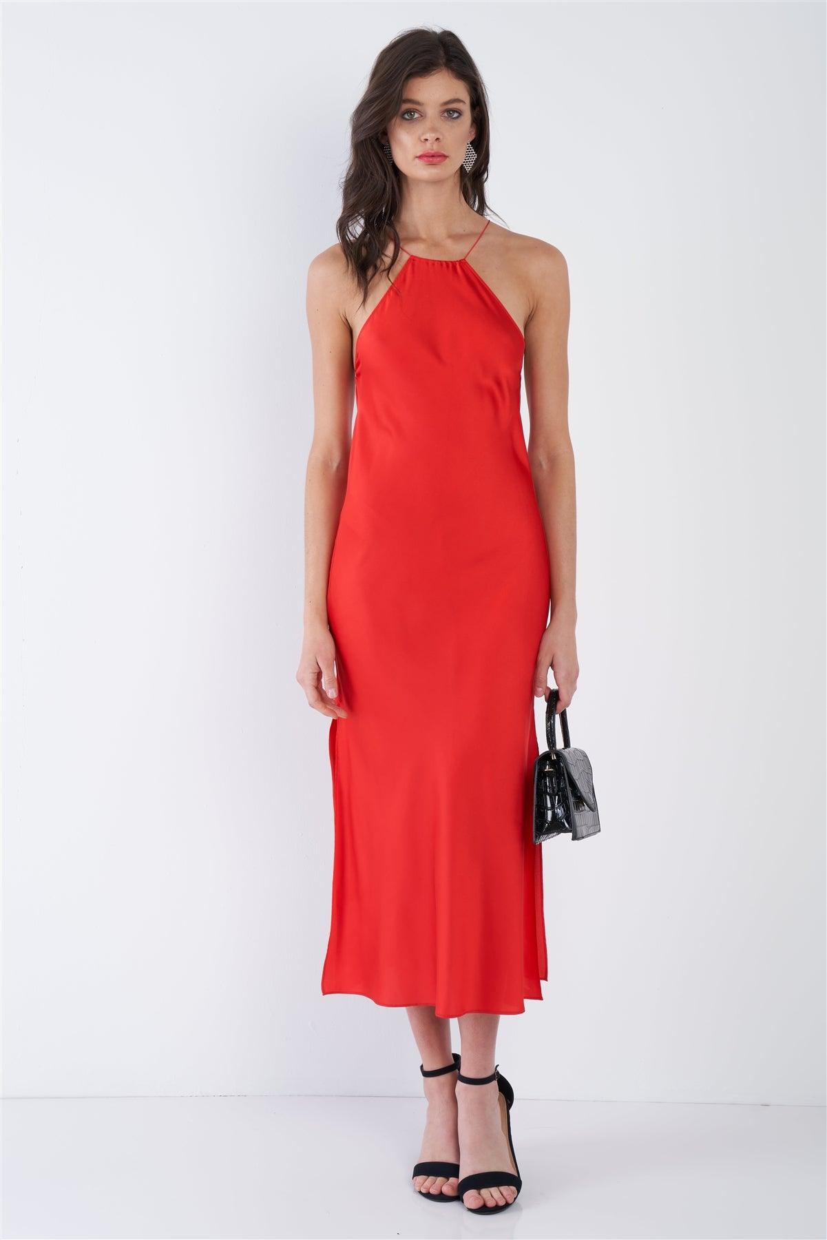 Red Silk Halter Side Slit Criss-Cross Open Back Midi Dress /3-2-1