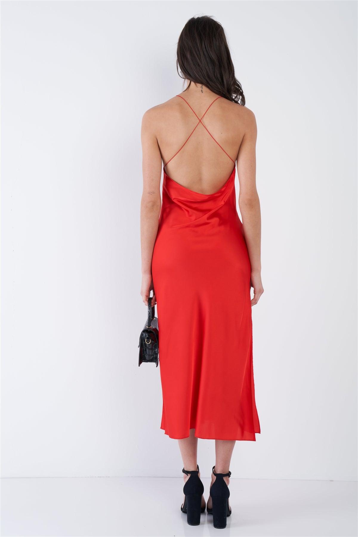 Red Silk Halter Side Slit Criss-Cross Open Back Midi Dress /3-2-1