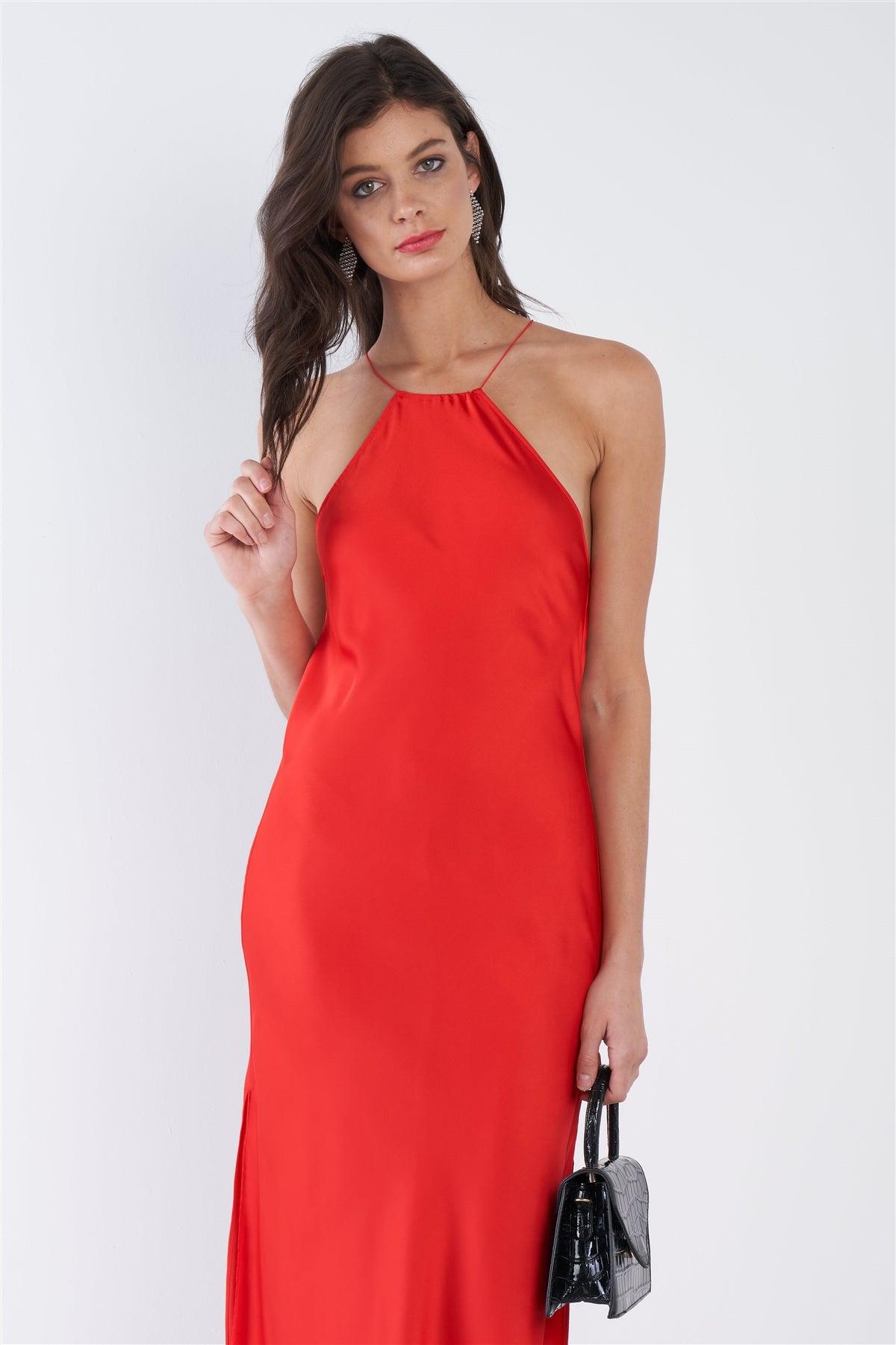 Red Silk Halter Side Slit Criss-Cross Open Back Midi Dress /3-2-1