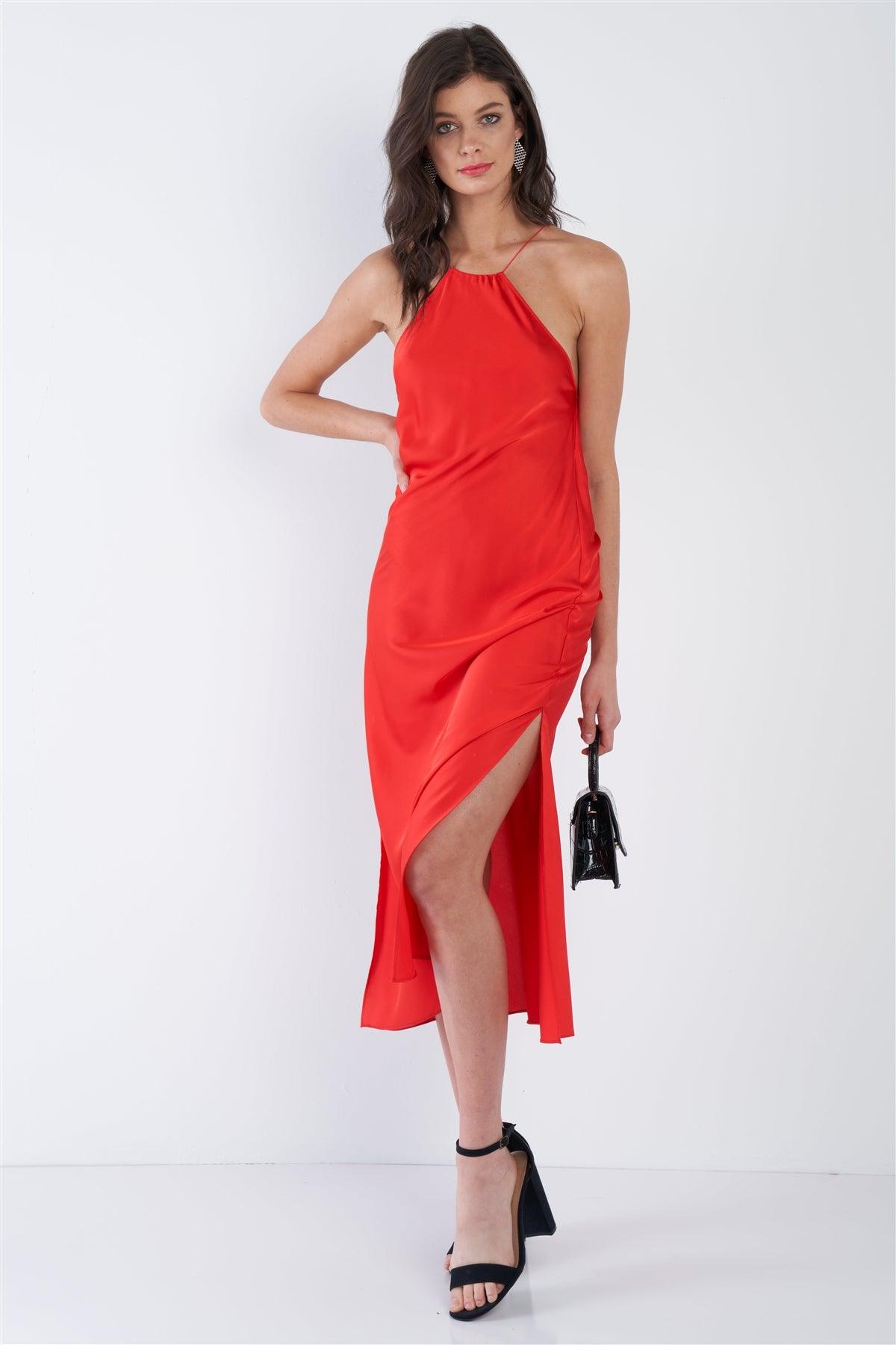 Red Silk Halter Side Slit Criss-Cross Open Back Midi Dress /3-2-1