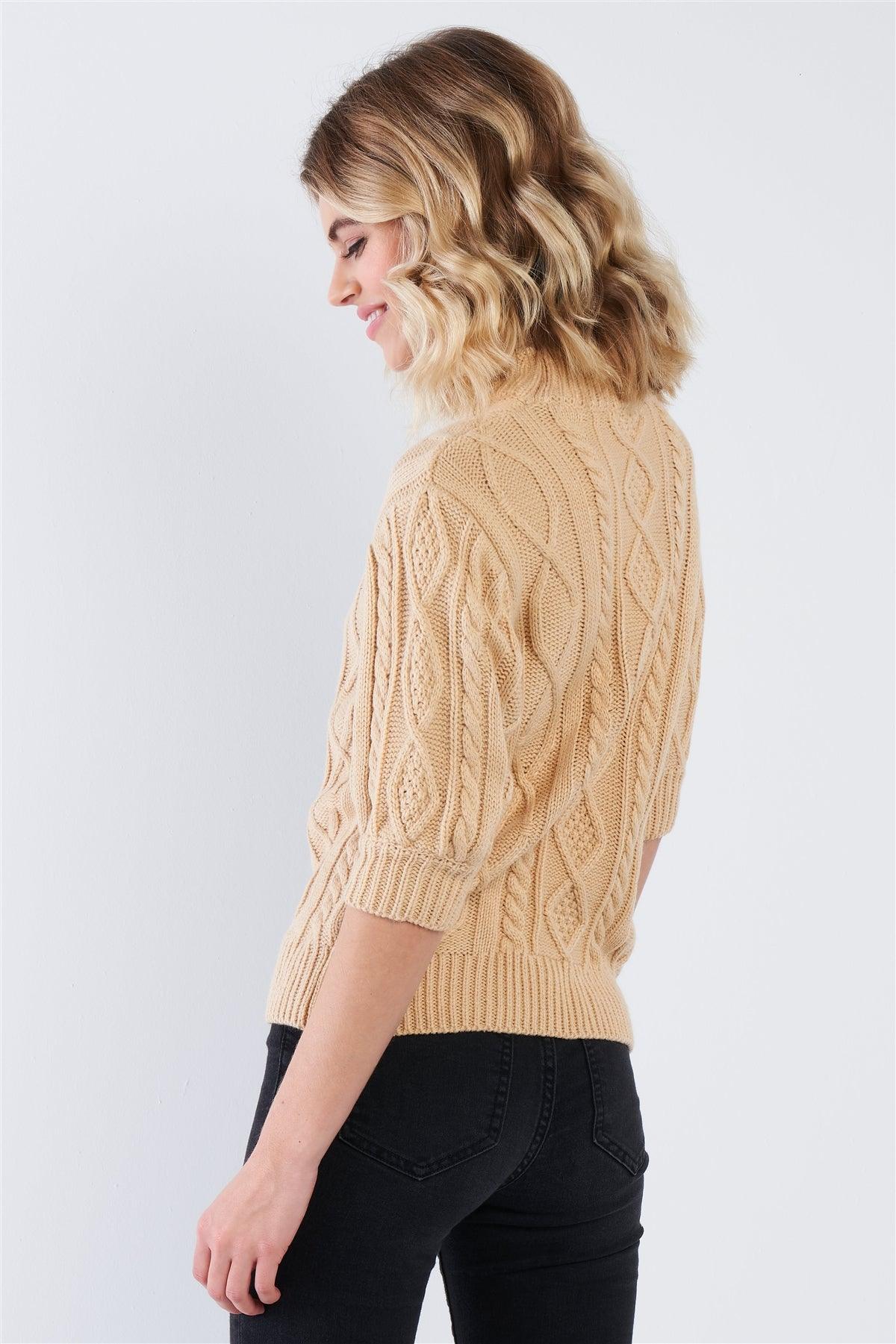 Beige Cable Knit Casual 3/4 Sleeve Mock Neck Chic Sweater  /3-2-1