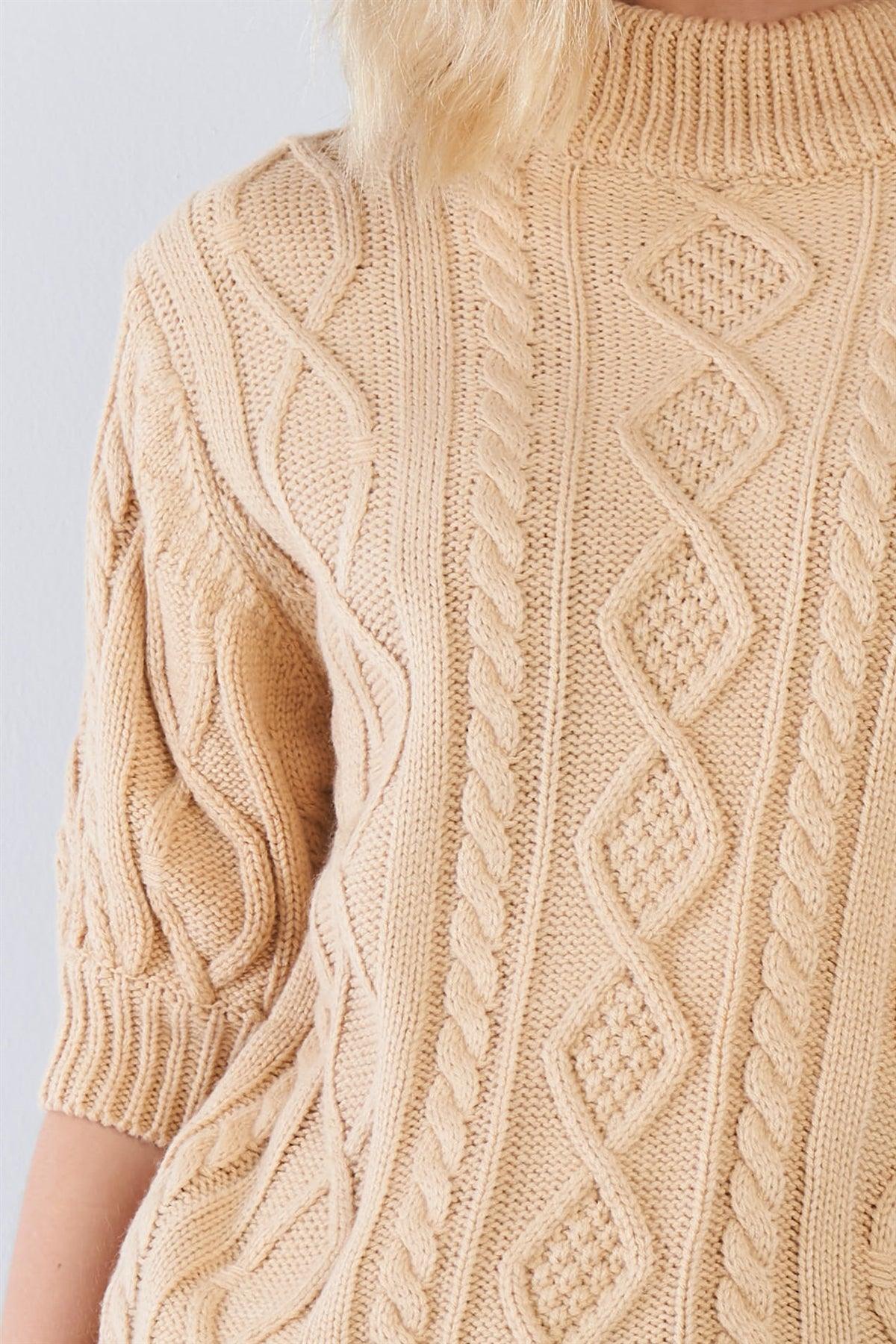 Beige Cable Knit Casual 3/4 Sleeve Mock Neck Chic Sweater  /3-2-1