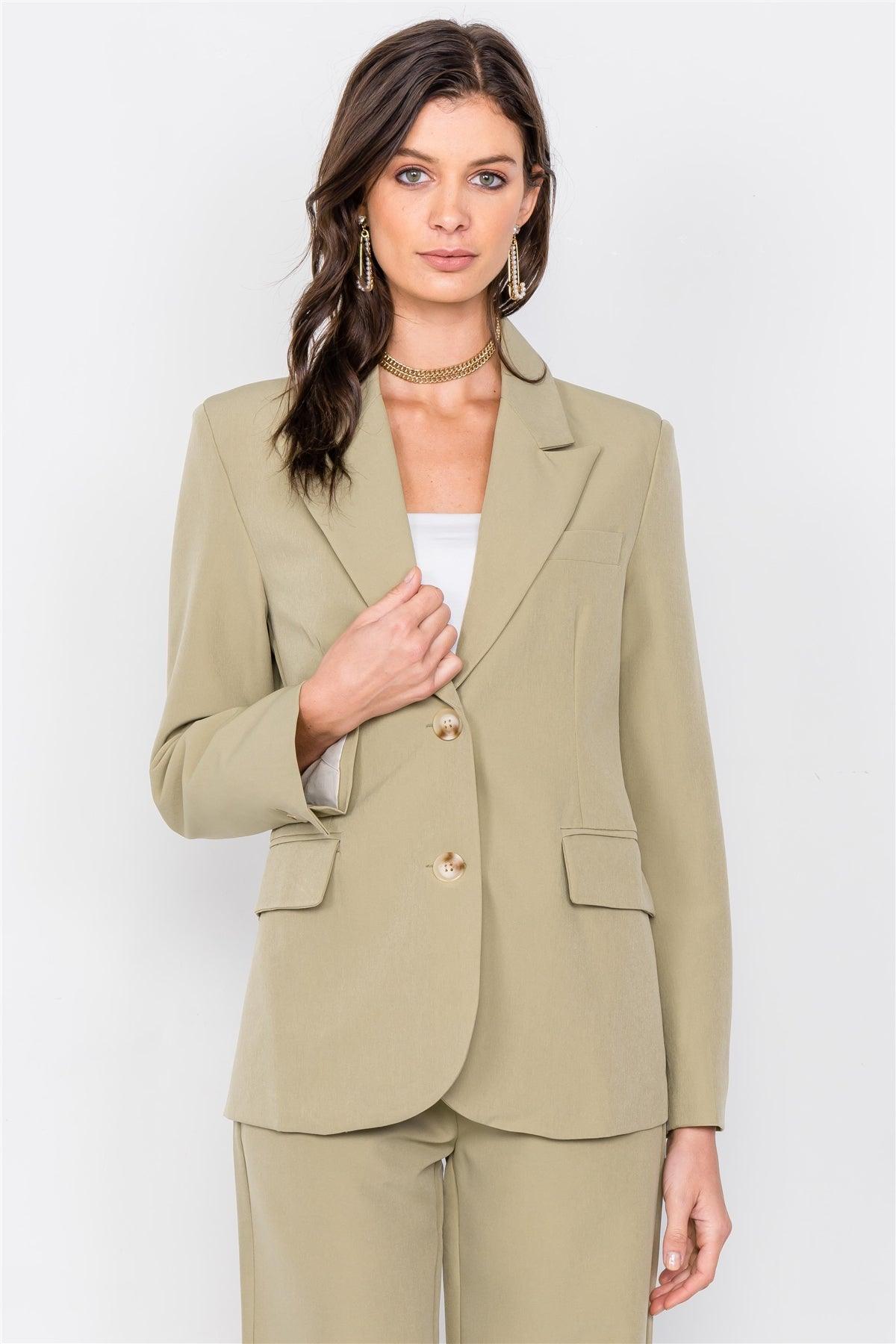 Khaki Olive Solid Fitted Office Chic Blazer Coat /2-3