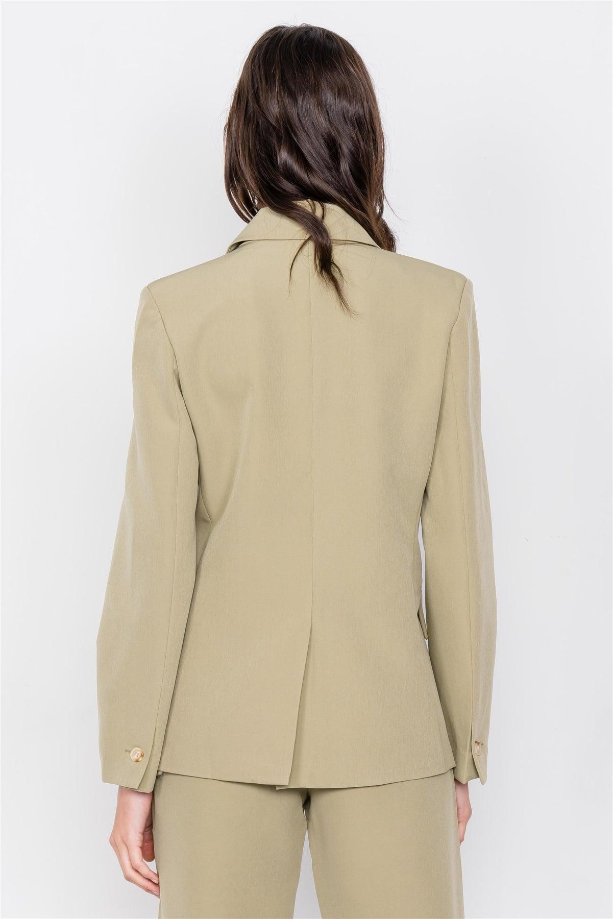 Khaki Olive Solid Fitted Office Chic Blazer Coat /2-3