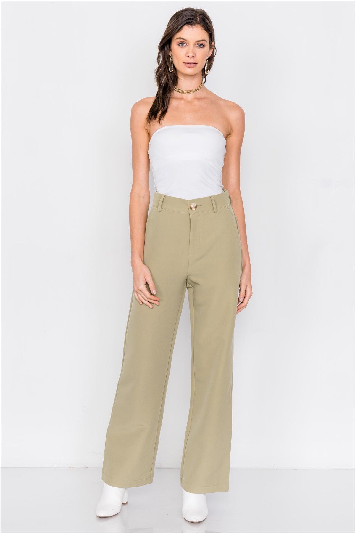 Khaki Olive Solid Office Chic High-Waist Ankle Pant /4-2-1