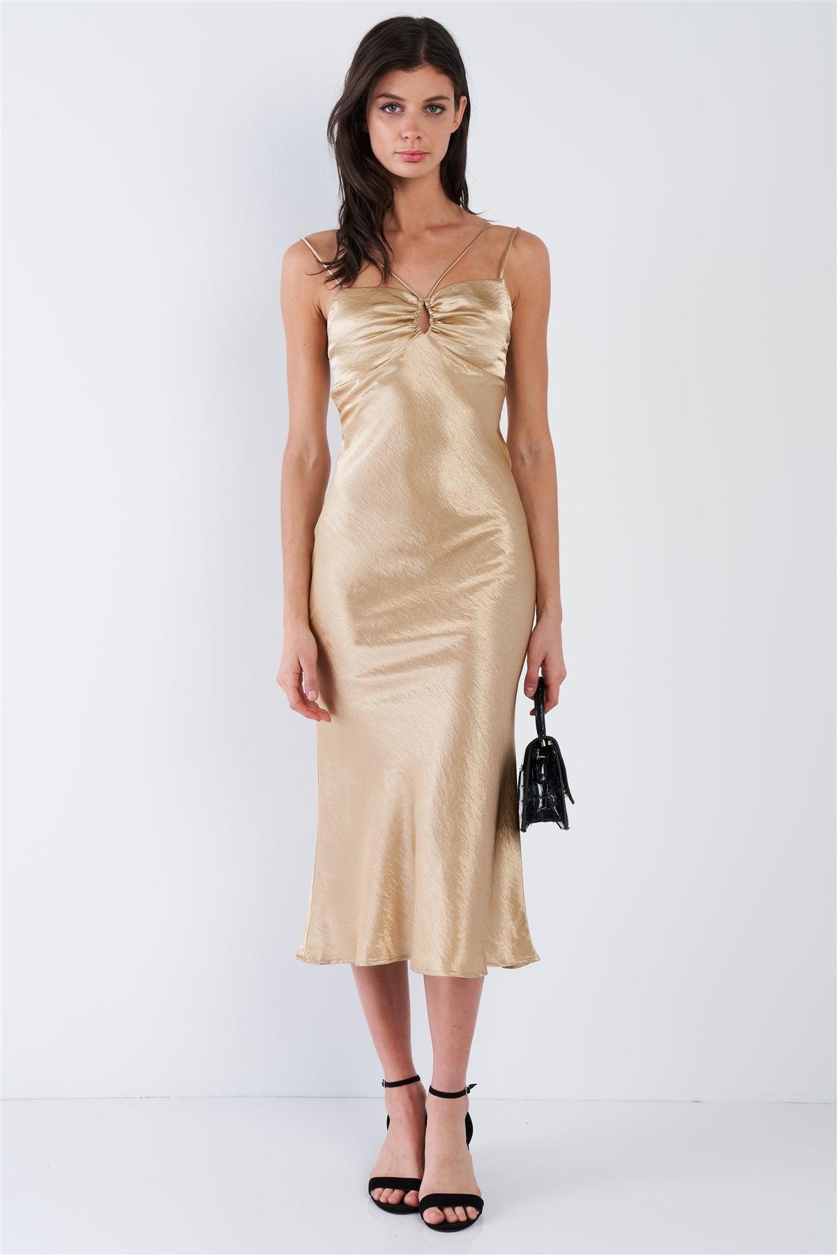 Golden Beige Satin Strappy Center Ruffle Keyhole Midi Summer Dress