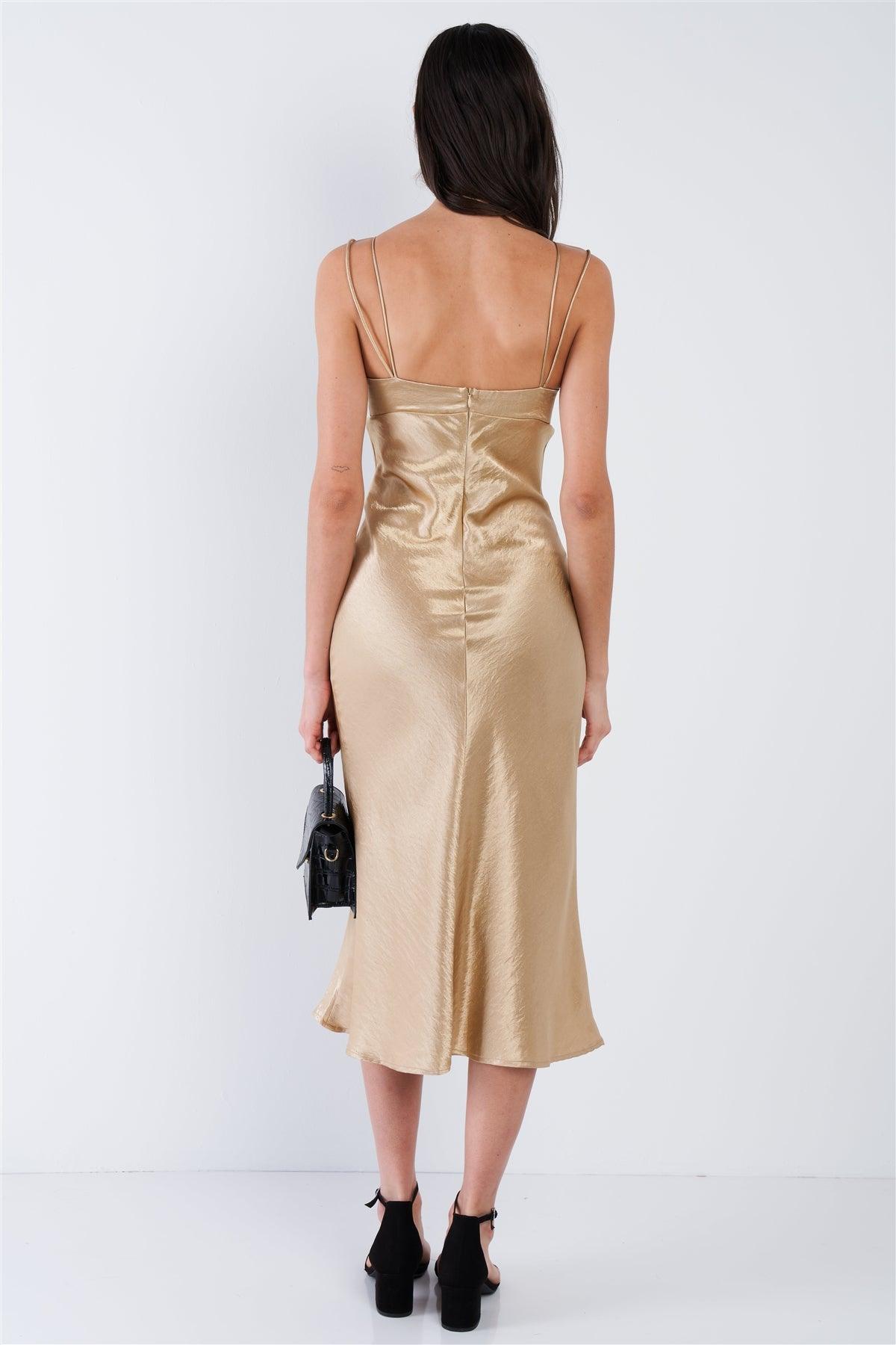 Golden Beige Satin Strappy Center Ruffle Keyhole Midi Summer Dress