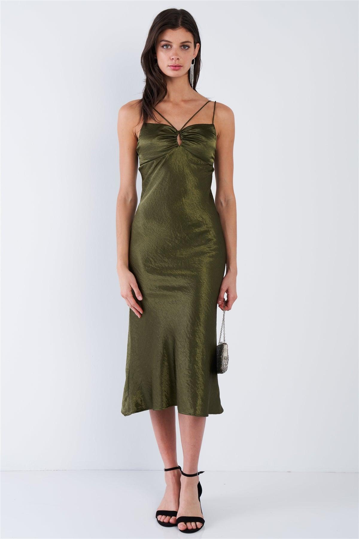 Olive Satin Strappy Center Ruffle Keyhole Midi Summer Dress /3-2-1