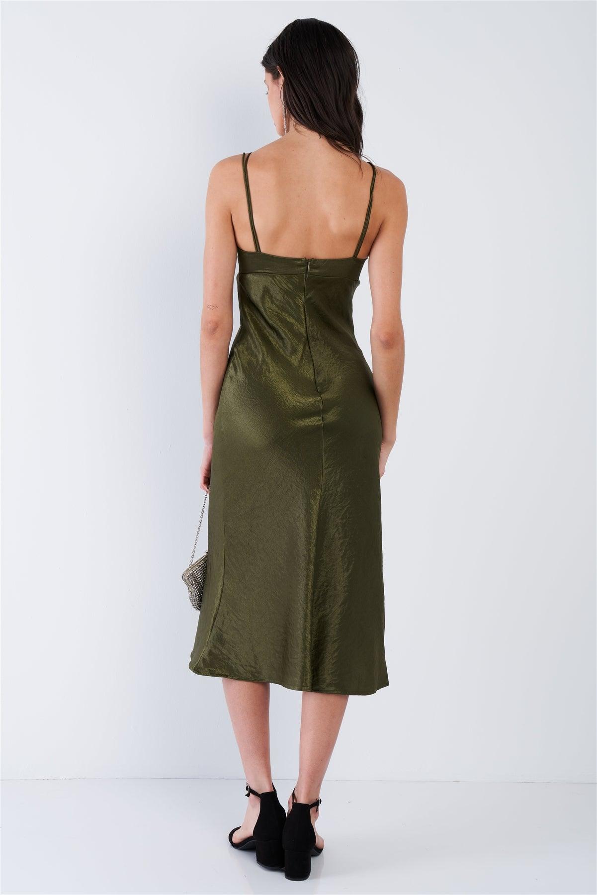 Olive Satin Strappy Center Ruffle Keyhole Midi Summer Dress /3-2-1