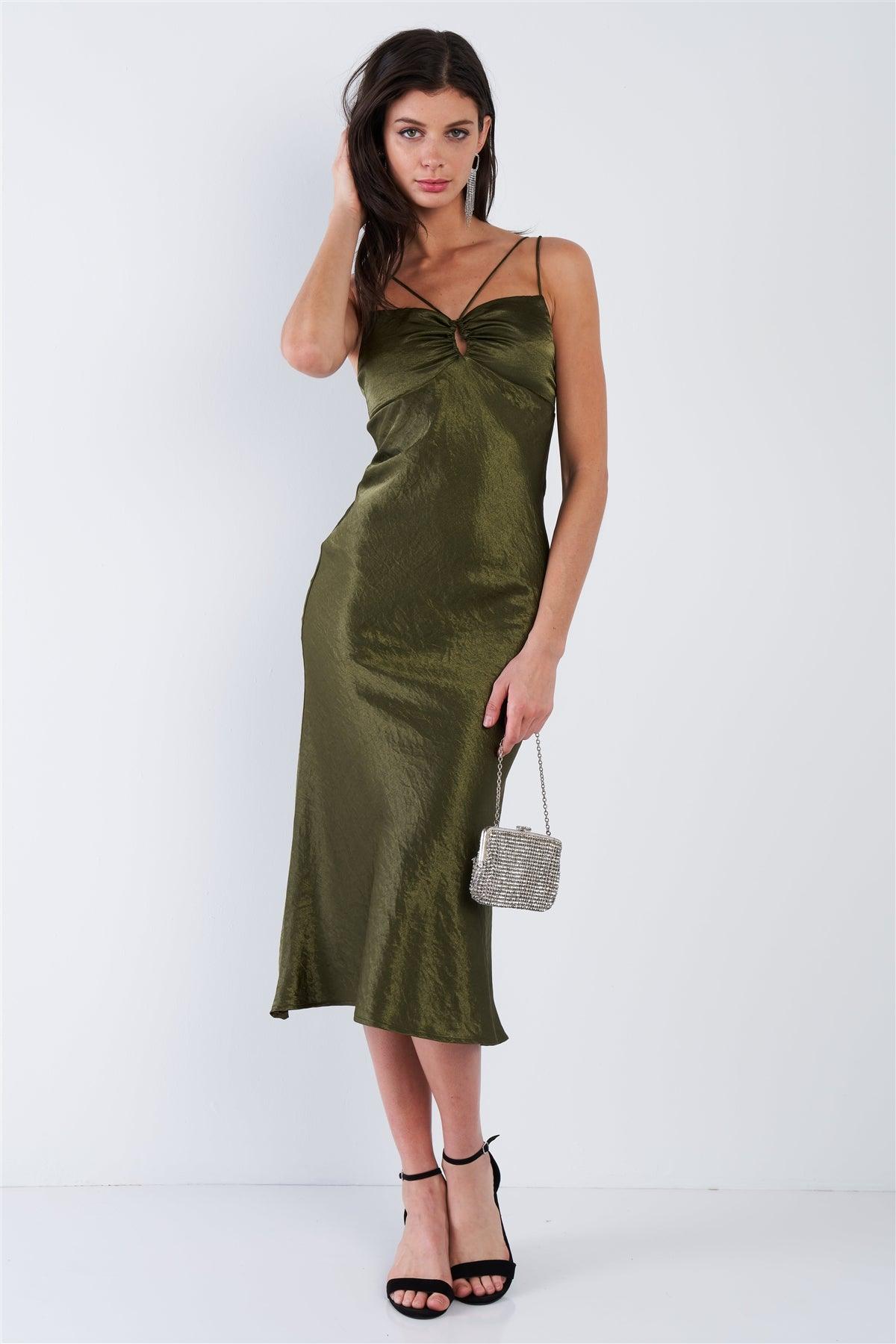 Olive Satin Strappy Center Ruffle Keyhole Midi Summer Dress /3-2-1