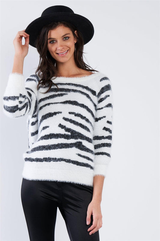 Zebra Hairy Open V-Neck Back Roll Knot Chic Sweater  /3-2-1