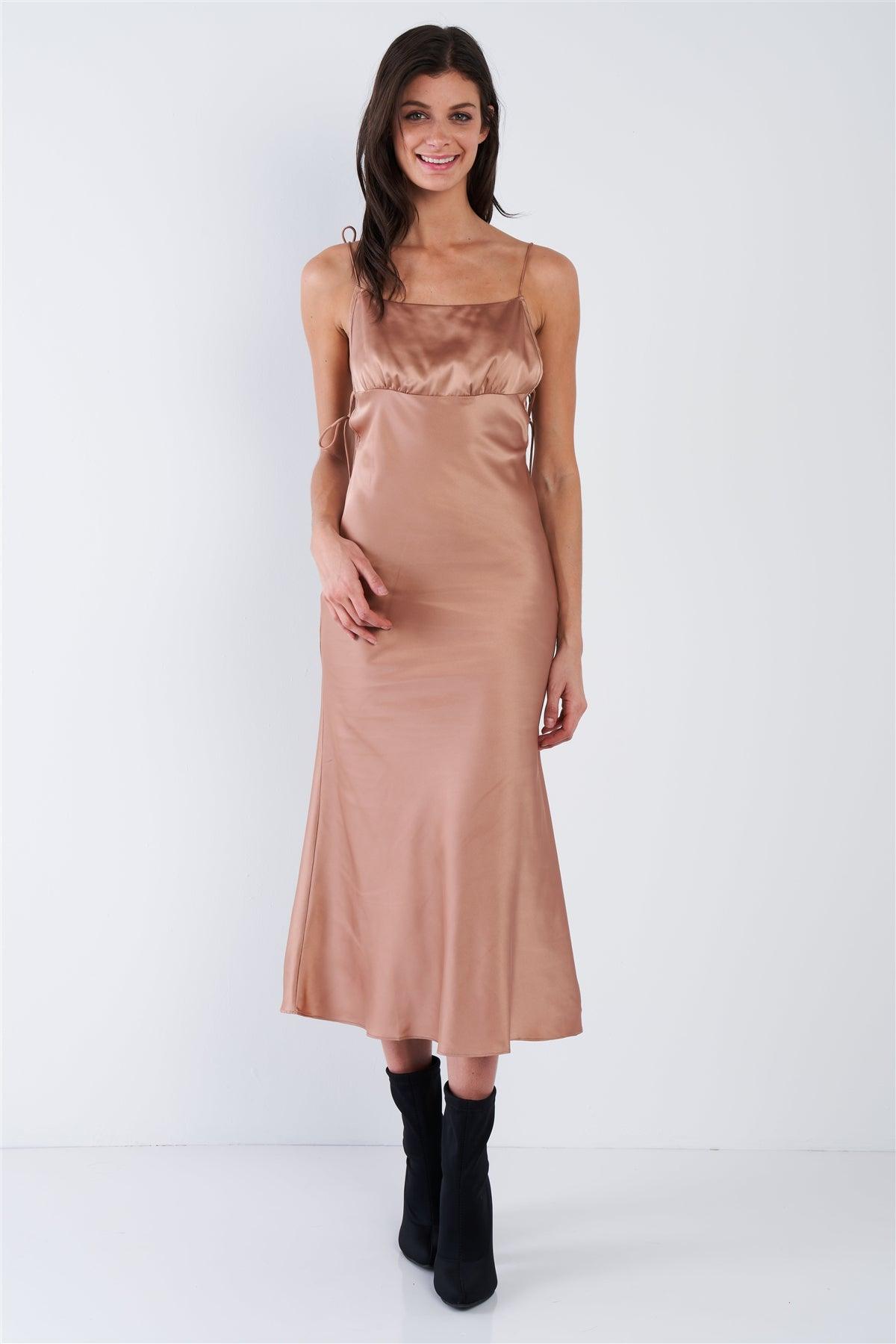 Mocha Brown Silk Scoop Neck Side Cut Out Midi Summer Dress  /3-2-1