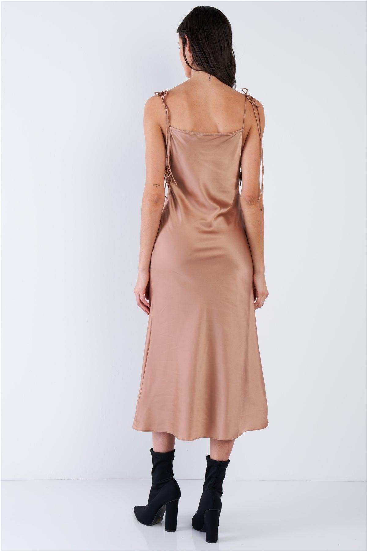 Mocha Brown Silk Scoop Neck Side Cut Out Midi Summer Dress  /3-2-1