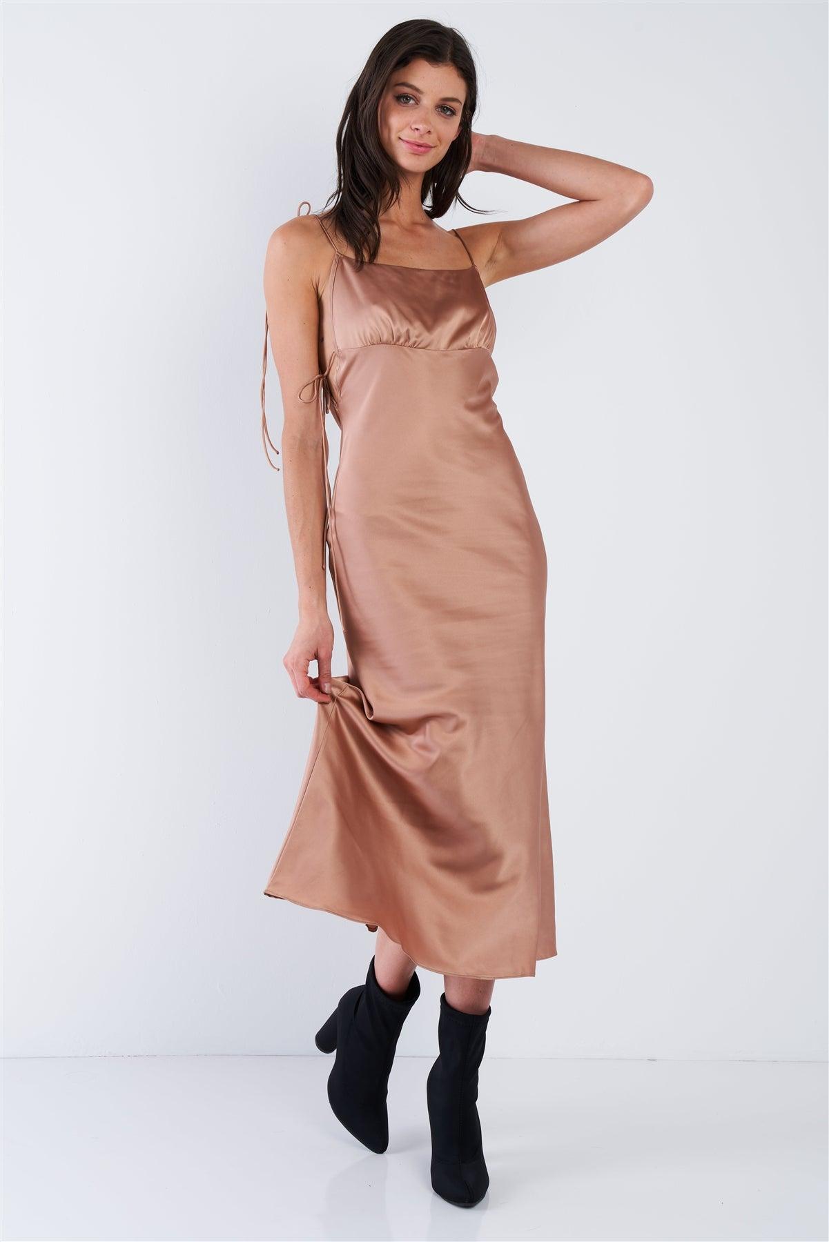 Mocha Brown Silk Scoop Neck Side Cut Out Midi Summer Dress  /3-2-1