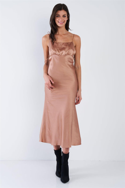 Mocha Brown Silk Scoop Neck Side Cut Out Midi Summer Dress