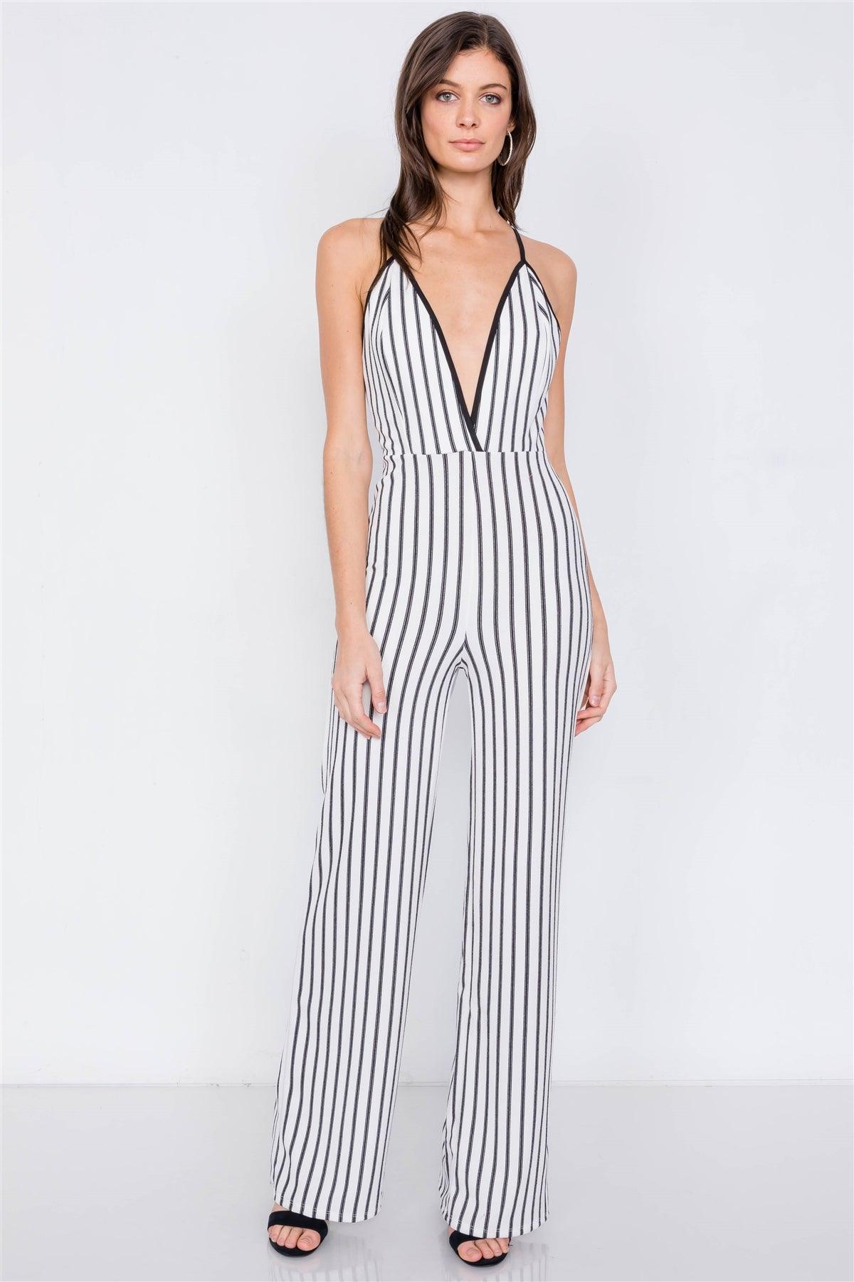 White & Black Trim Stripe V-Neck Criss-Cross Strap Back Jumpsuit  /1-1-2-1-1