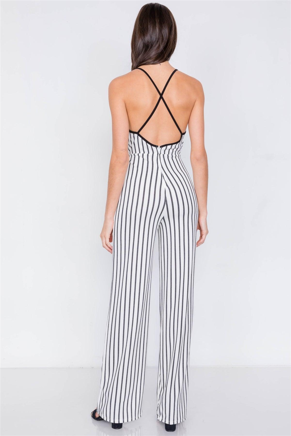 White & Black Trim Stripe V-Neck Criss-Cross Strap Back Jumpsuit  /1-1-2-1-1