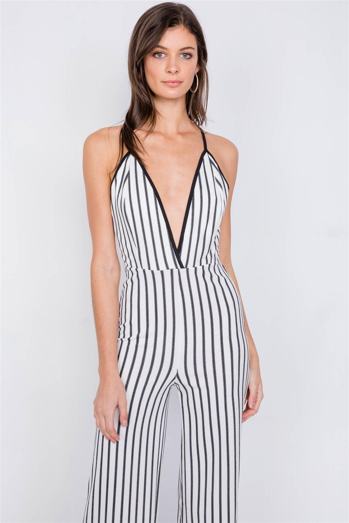 White & Black Trim Stripe V-Neck Criss-Cross Strap Back Jumpsuit  /1-1-2-1-1