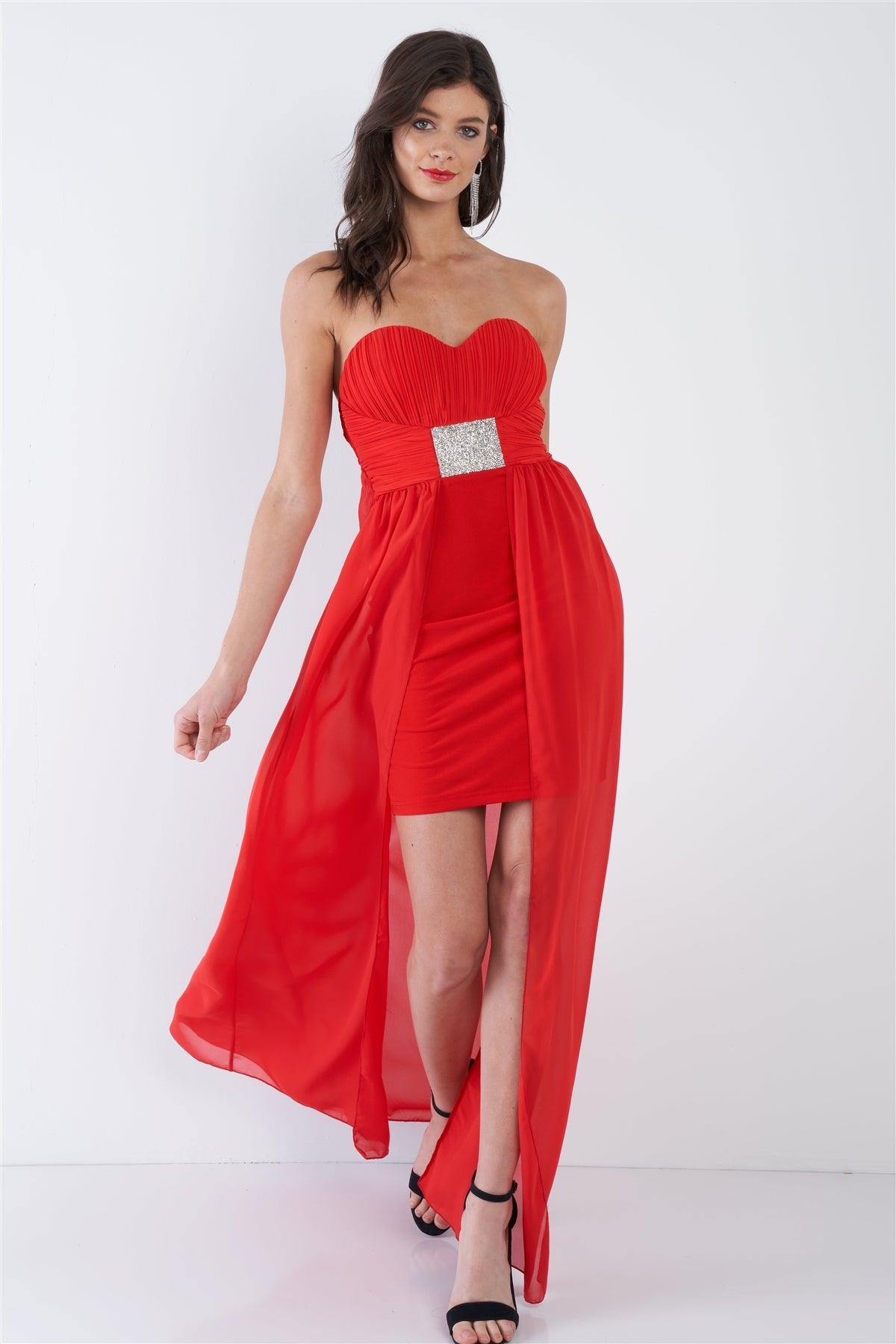 Red Sleeveless Sweetheart Sheer Mock Cape Classic Mini Dress /2-2-2