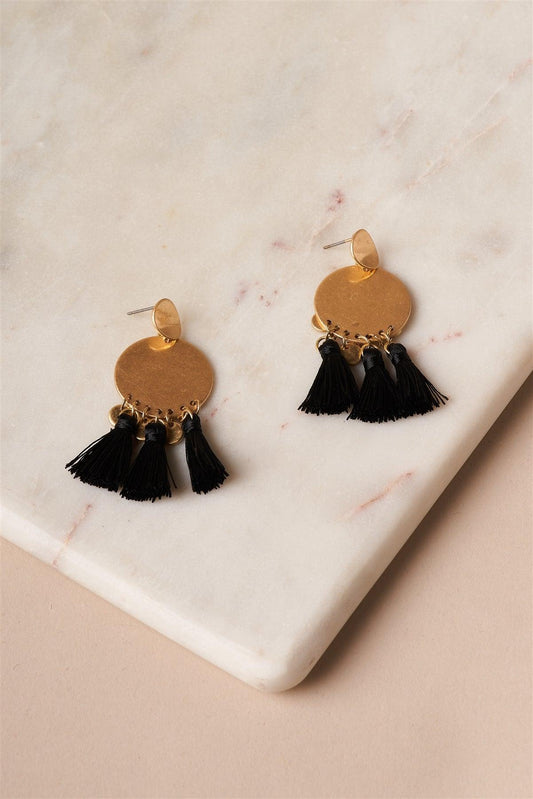 Black Small Disc Tassel Drop Earrings /3 Pairs