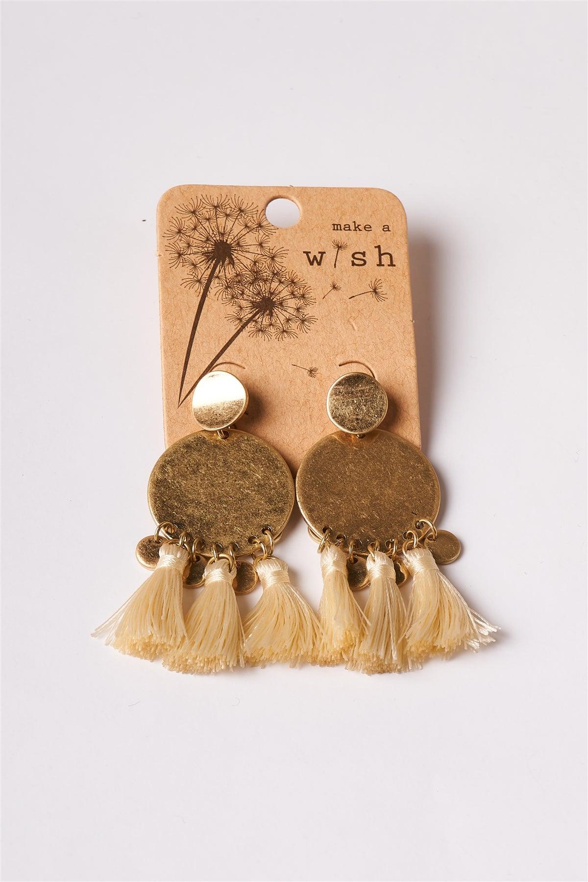 Cream Small Disc Tassel Drop Earrings /3 Pairs