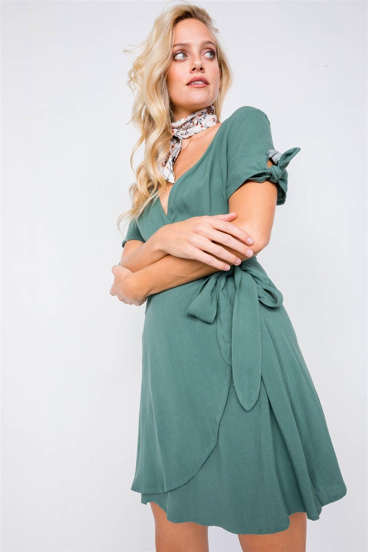 Green Cotton Wrap Bow Cap Short Sleeve Mini Casual Dress /2-2-2