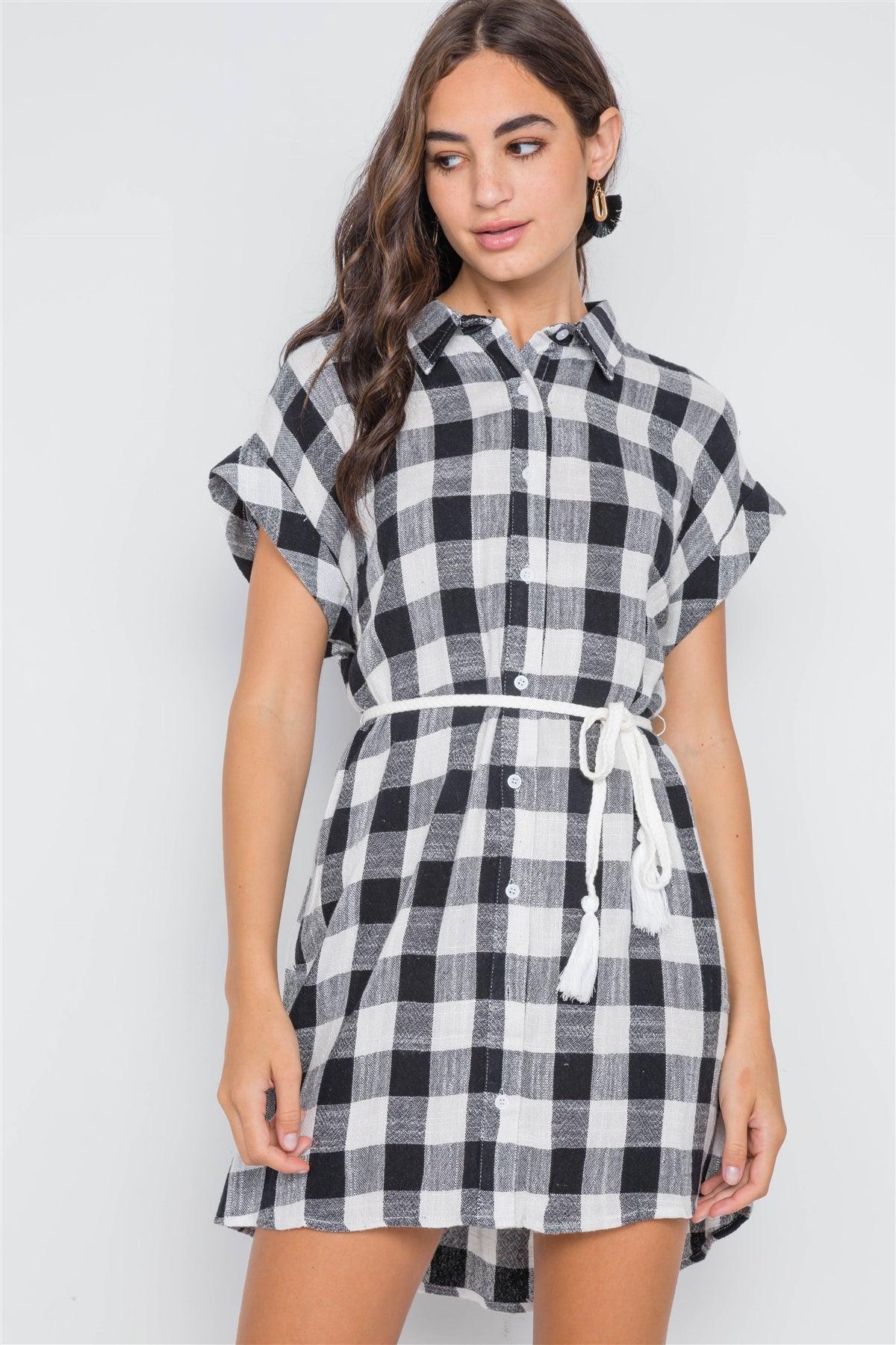 Black White Gingham Button Down Shirt Dress /2-1-1