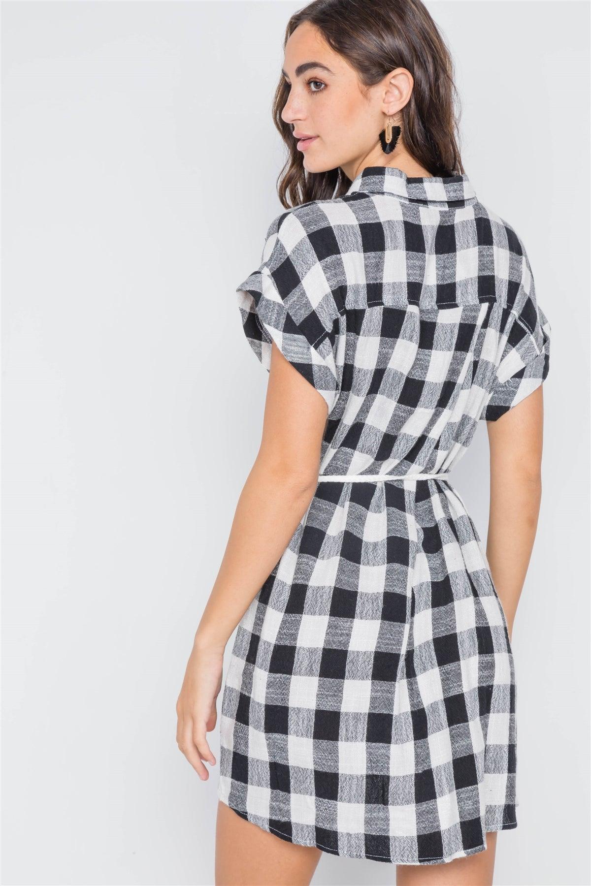 Black White Gingham Button Down Shirt Dress /2-1-1