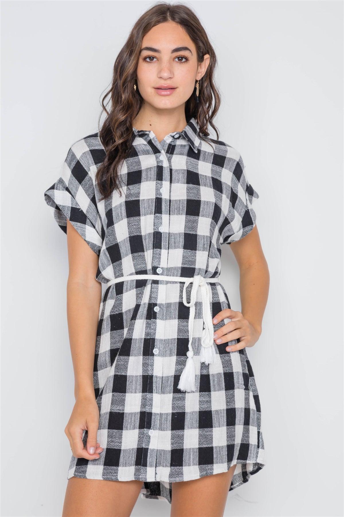 Black White Gingham Button Down Shirt Dress /3-2-1