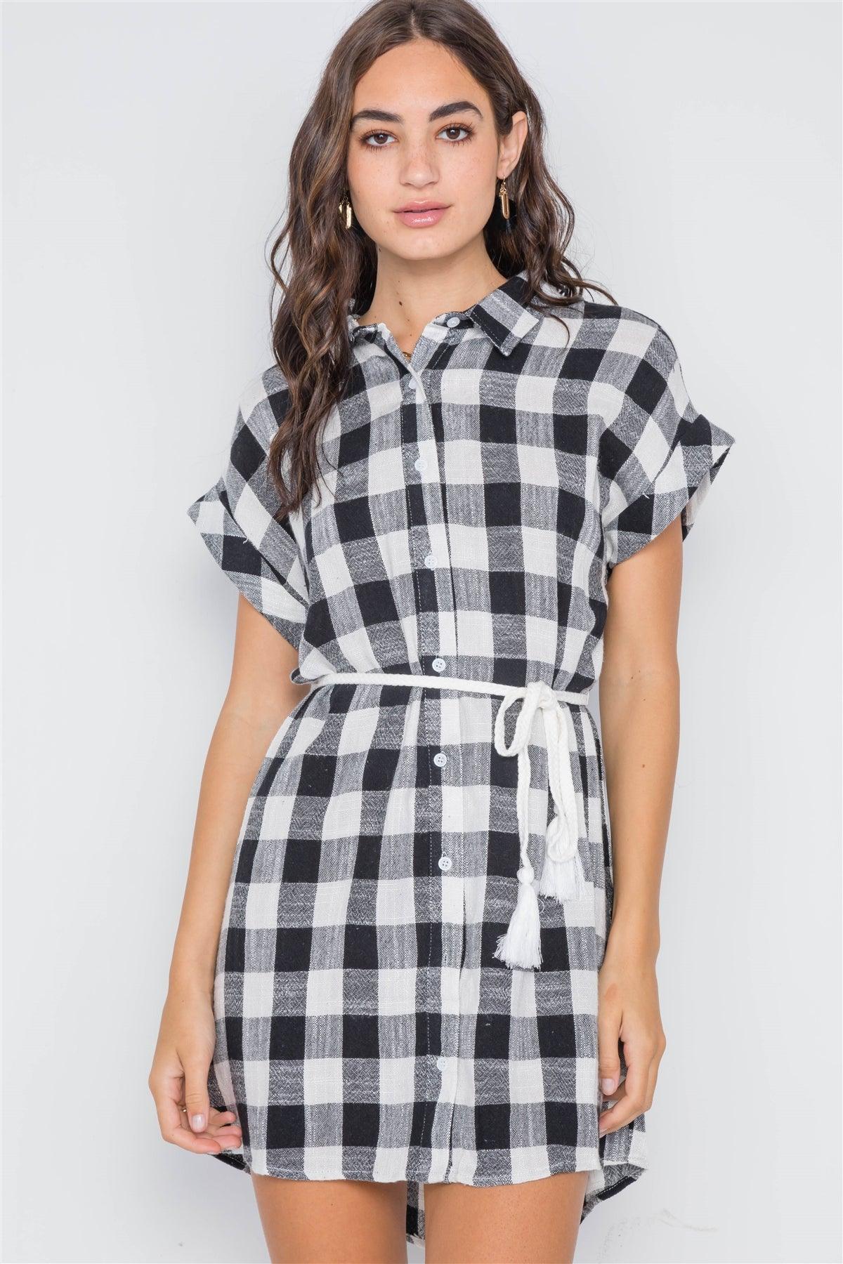 Black White Gingham Button Down Shirt Dress /3-2-1