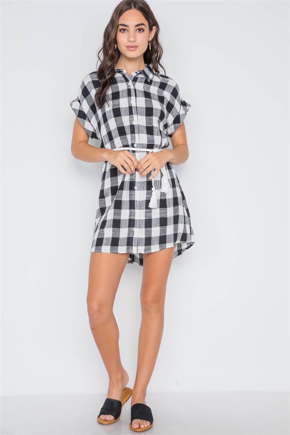 Black White Gingham Button Down Shirt Dress /3-2-1