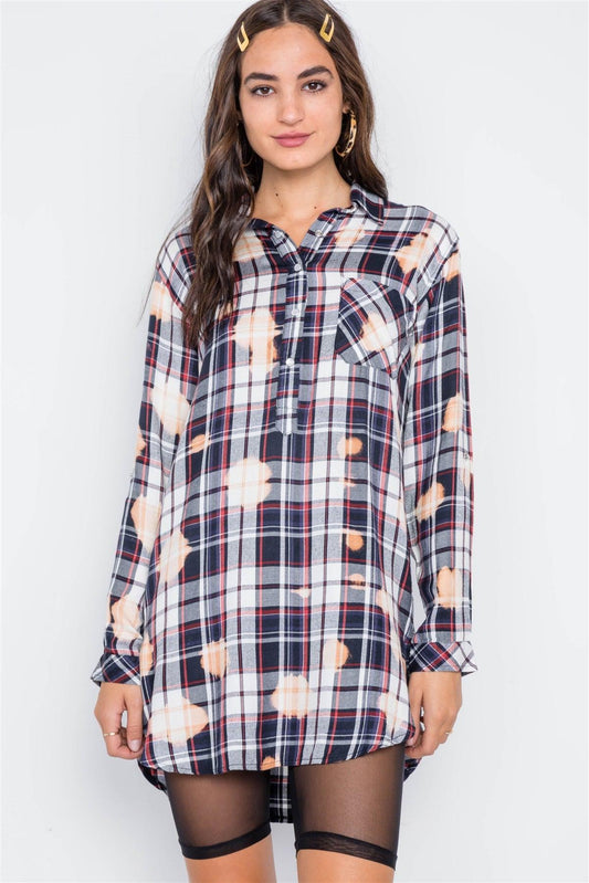 Navy PlaidLong Sleeve Bleach Dye Top /3-2-1