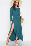 Green Solid Long Sleeve Side Slit Maxi Dress /2-2-2