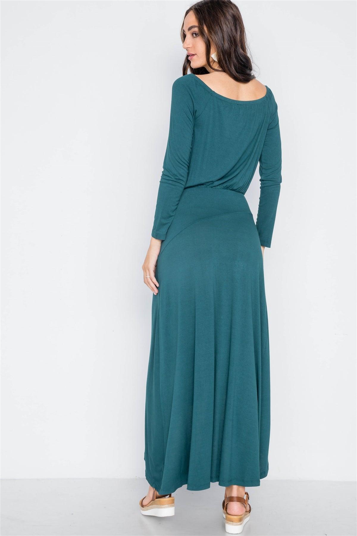 Green Solid Long Sleeve Side Slit Maxi Dress /2-2-2