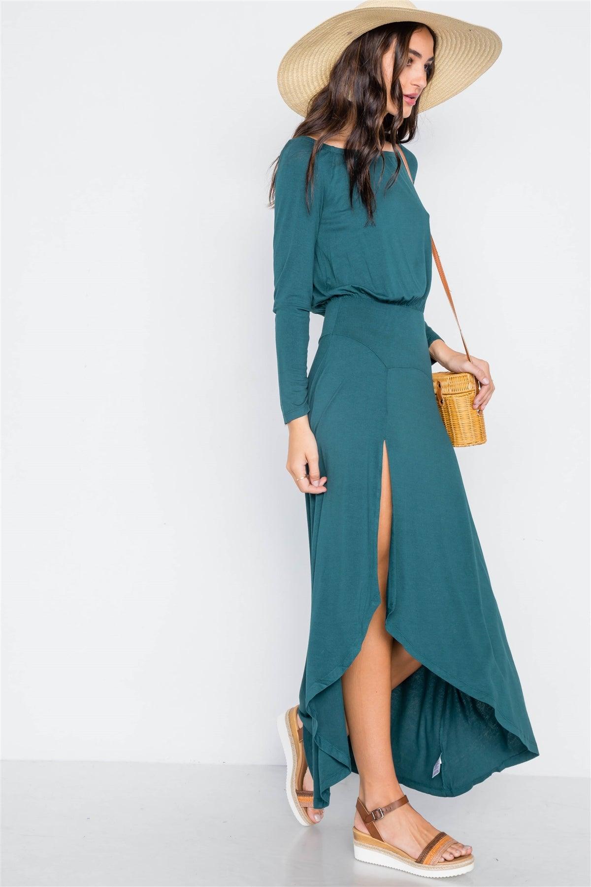 Green Solid Long Sleeve Side Slit Maxi Dress /2-2-2