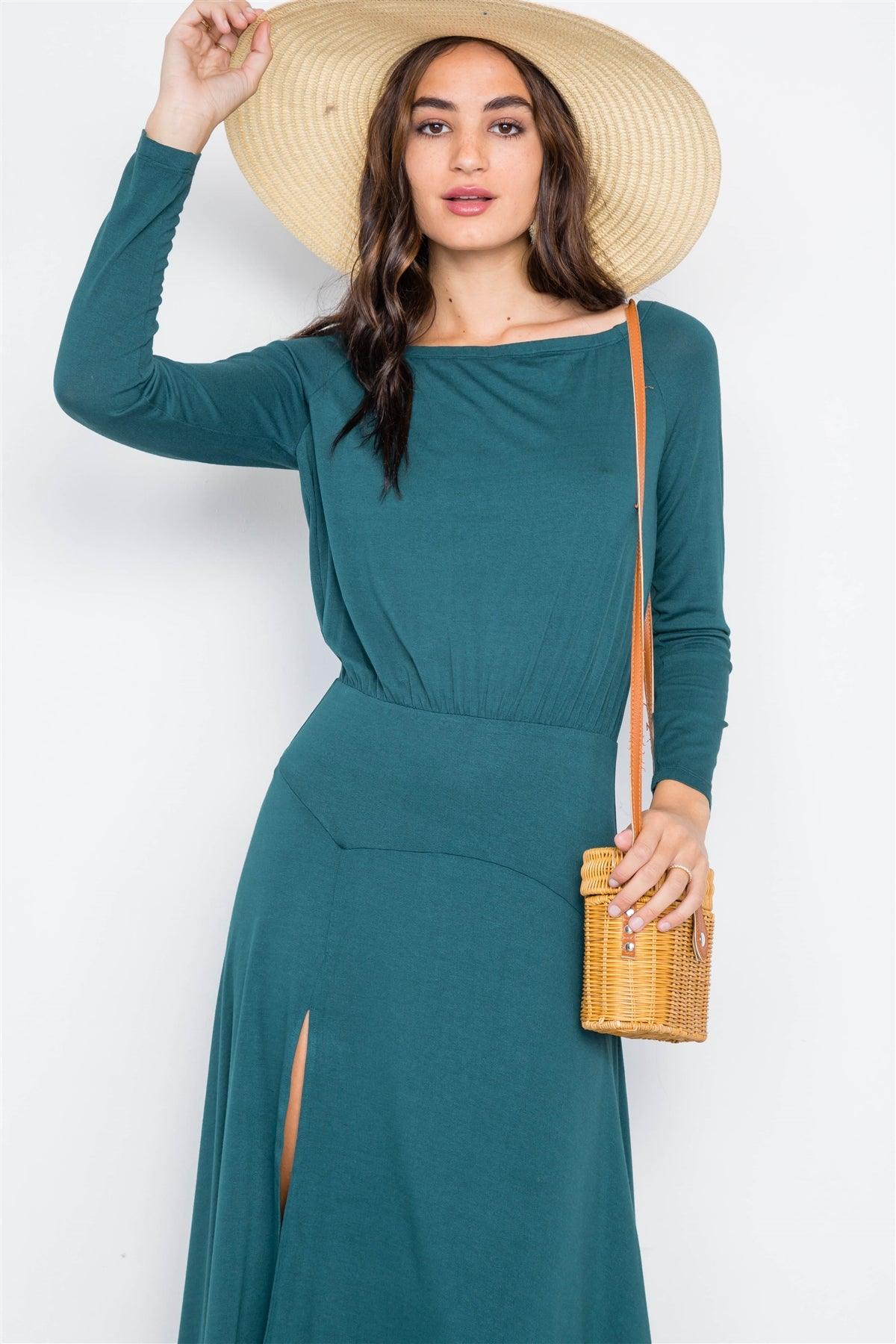 Green Solid Long Sleeve Side Slit Maxi Dress /2-2-2