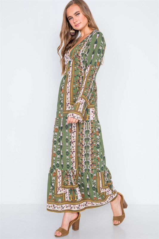 Multi Olive V-Neck Long Sleeve Maxi Boho Dress /1-2-2