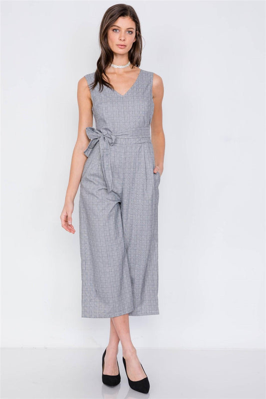 Grey Plaid Print Ankle Gaucho Wrap Back Jumpsuit /3-1-1