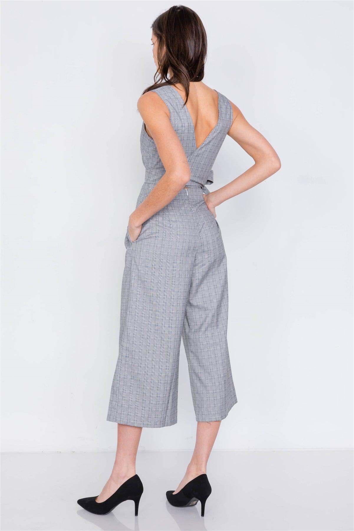 Grey Plaid Print Ankle Gaucho Wrap Back Jumpsuit /3-1-1