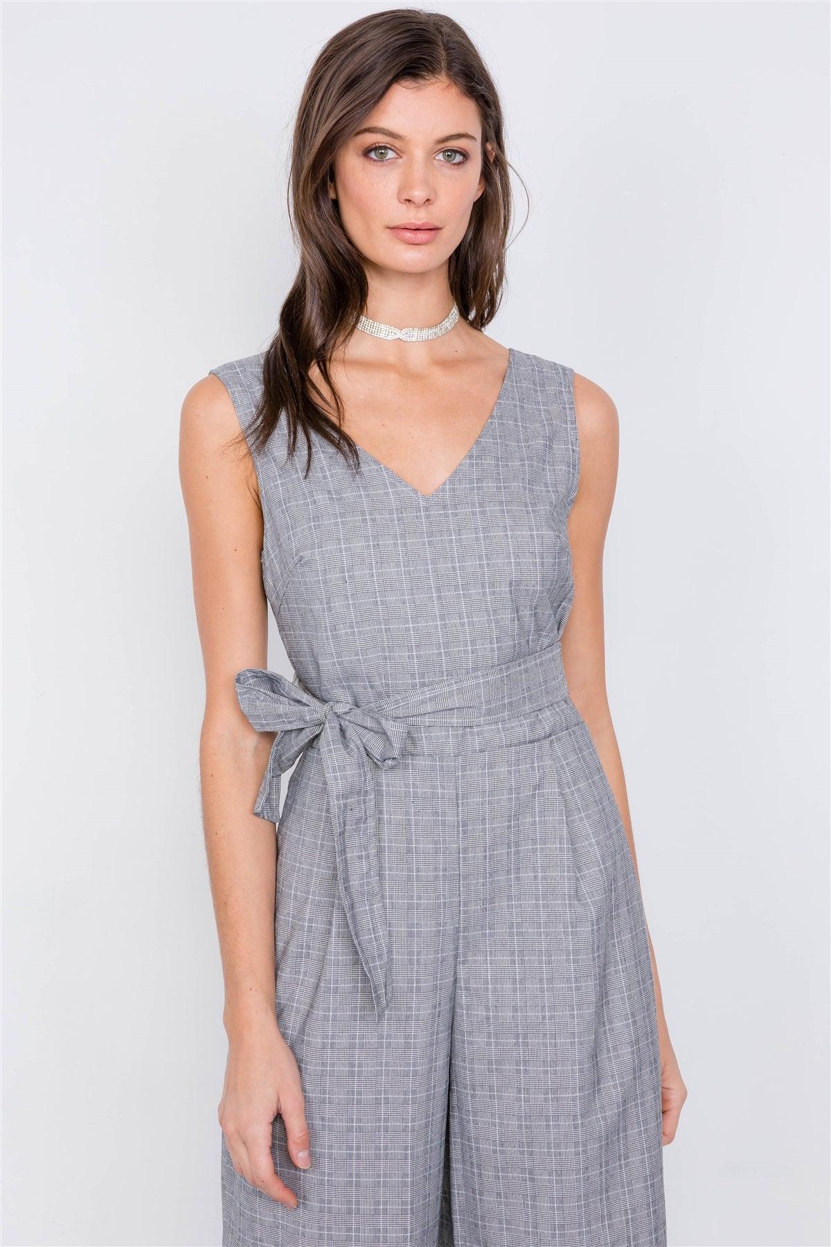 Grey Plaid Print Ankle Gaucho Wrap Back Jumpsuit /3-1-1