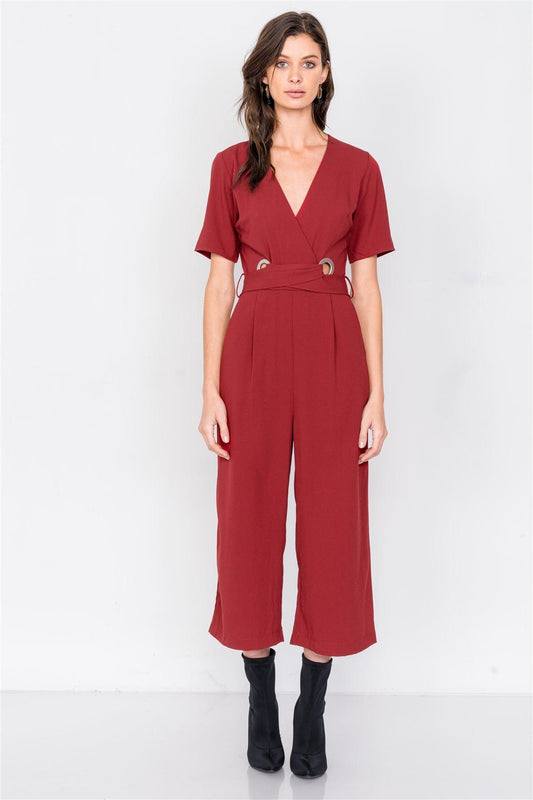 Wine V-Neck Ankle Gaucho Waist Lace Up Wrap Jumpsuit /2-2-2