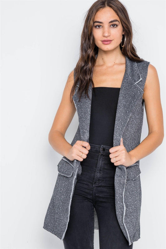 Charcoal Sleeveless Open Front Raw Edge Vest /3-2-1