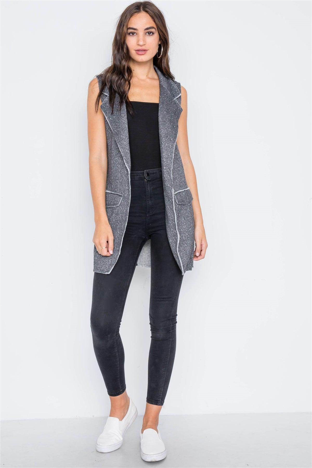 Charcoal Sleeveless Open Front Raw Edge Vest /3-2-1