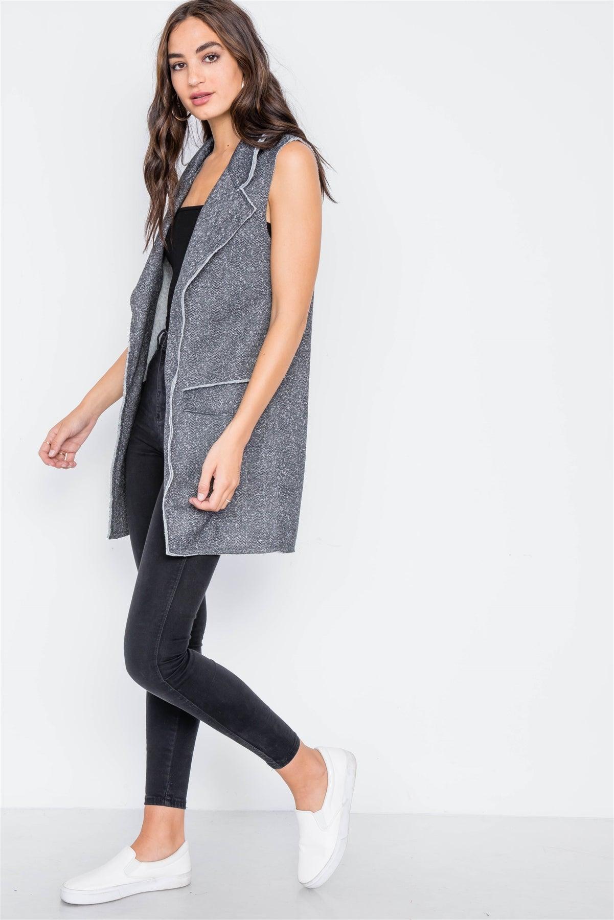 Charcoal Sleeveless Open Front Raw Edge Vest /3-2-1